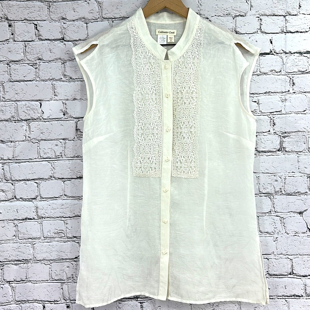 🏷️ COLDWATER Creek Linen Eyelet Sleeveless Top MEDIUM White EUC!